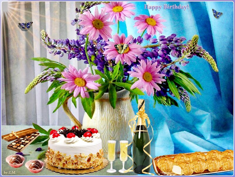 Birthday Cake with Flowers — Blue