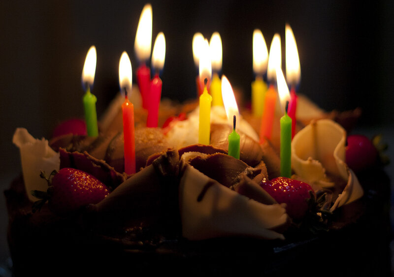 birthday cake with lit candles