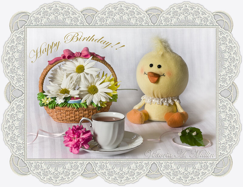 Birthday card with chick and flowers