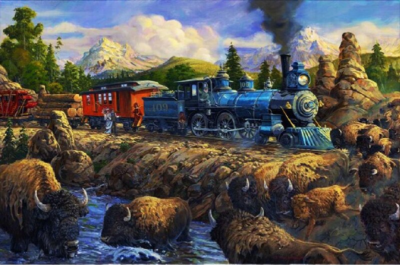 Bison Herd Crossing River — Blue