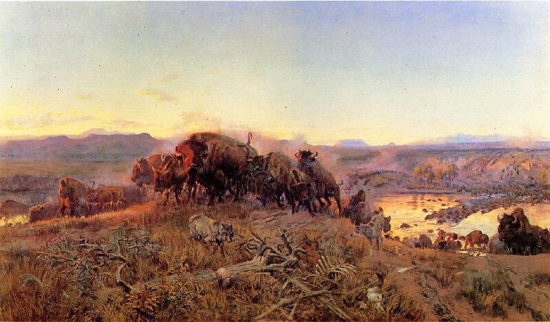 Bison Herd Crossing River
