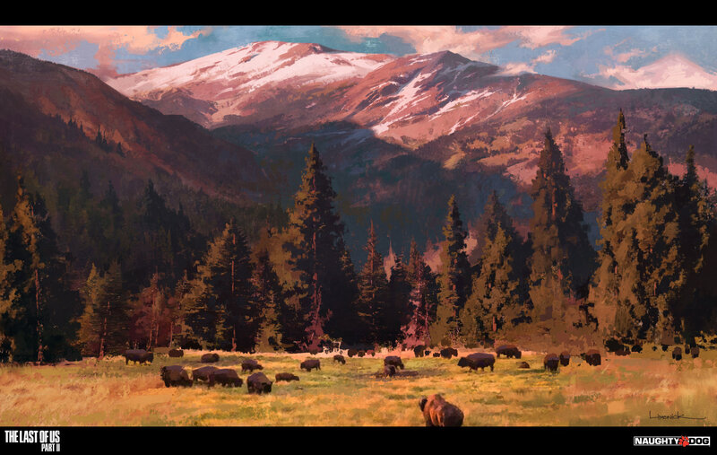Bison Herd in Field — Green, Serene, Sunset