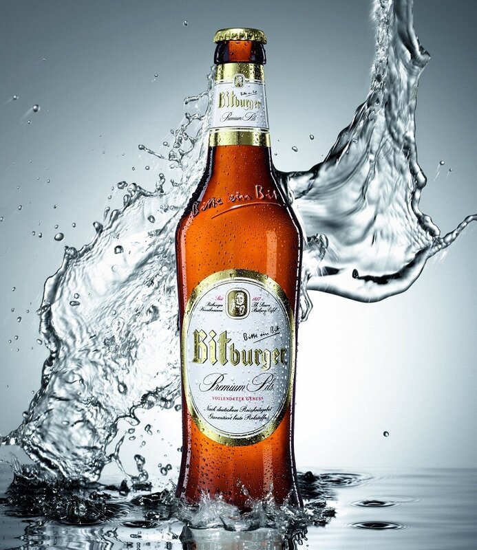 Bitburger beer bottle splash