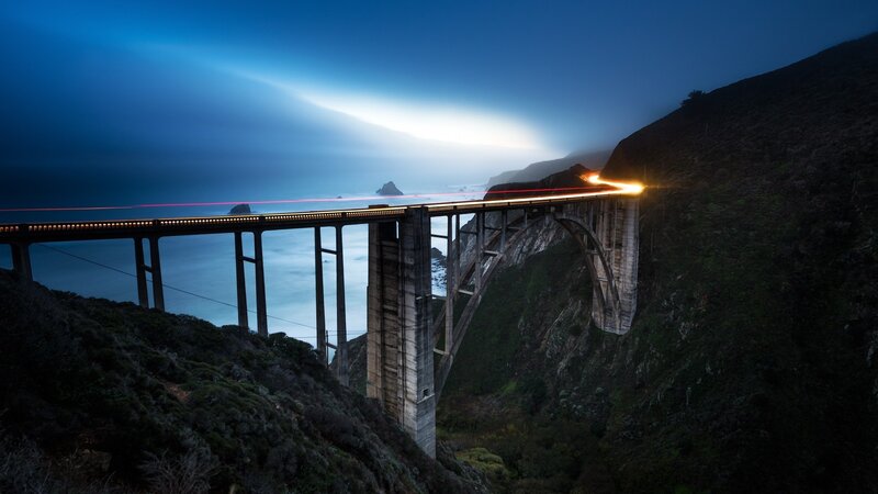 Bixby Creek Bridge — Blue, Dramatic, Night, Photograph, Ocean, Mountain