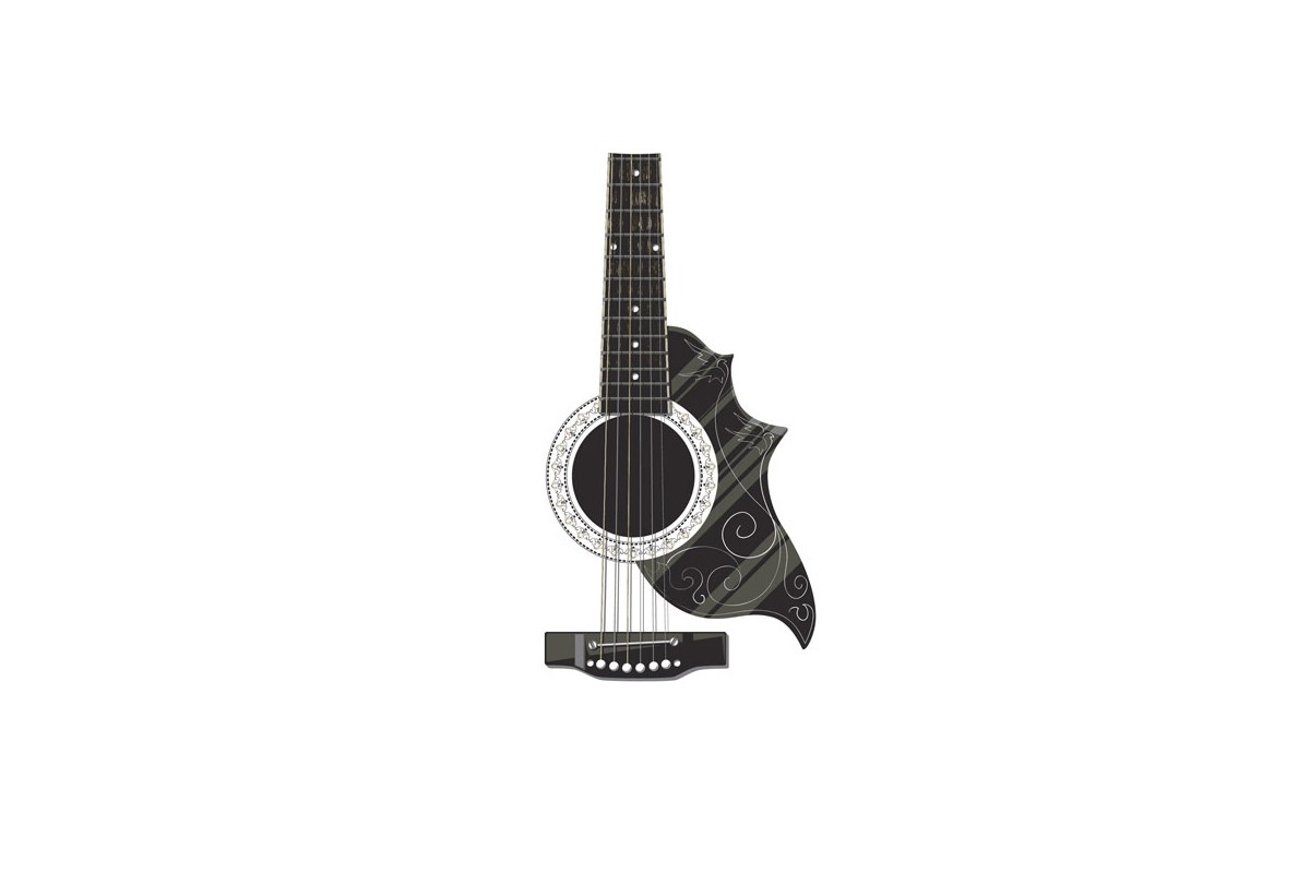 black acoustic guitar with decorative patterns