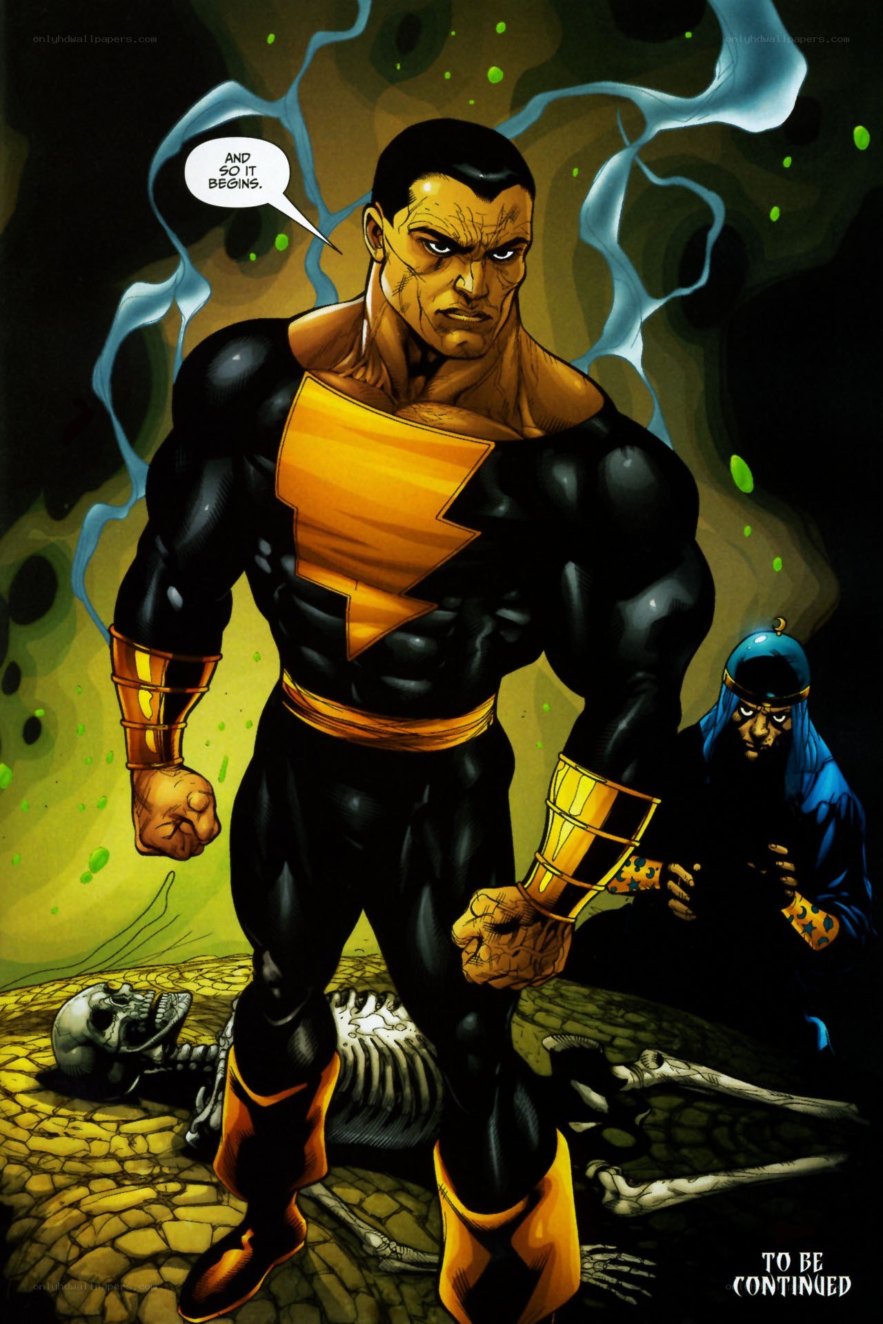 Black Adam stands over a skeleton