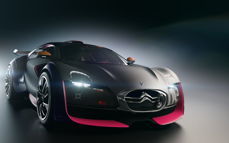 Black and Pink Sports Car — Dramatic, 3d Render, Headlights, Grille, Gray