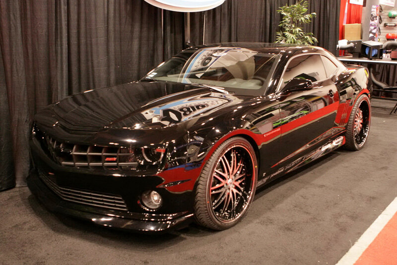 black and red camaro at show