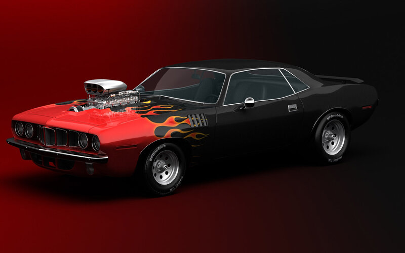 Black and Red Muscle Car — Dramatic, 3d Render, Flame Decals