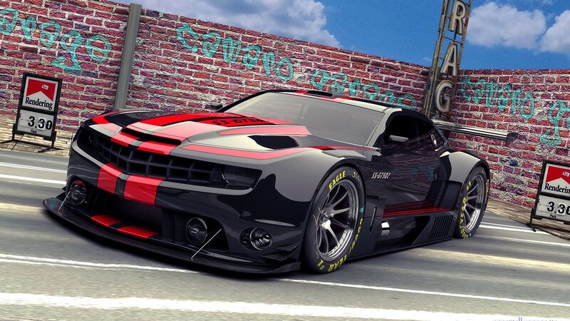Black and Red Race Car — Dynamic, Afternoon, 3d Render, Brick Wall, Gas Station Sign, Graffiti, Gray