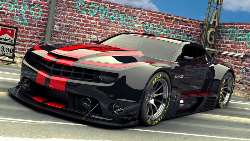 Black and Red Race Car — Dynamic, Afternoon, 3d Render, Brick Wall, Gas Station Sign