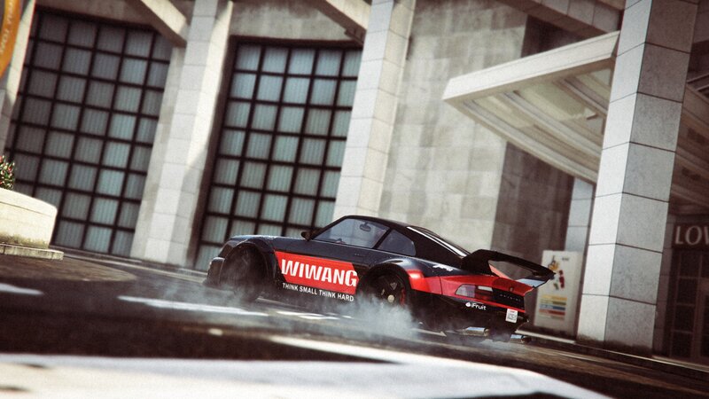 Black and Red Race Car — Dynamic, Afternoon, 3d Render, Building