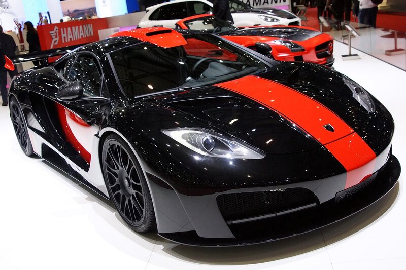 Black and red sports car on display