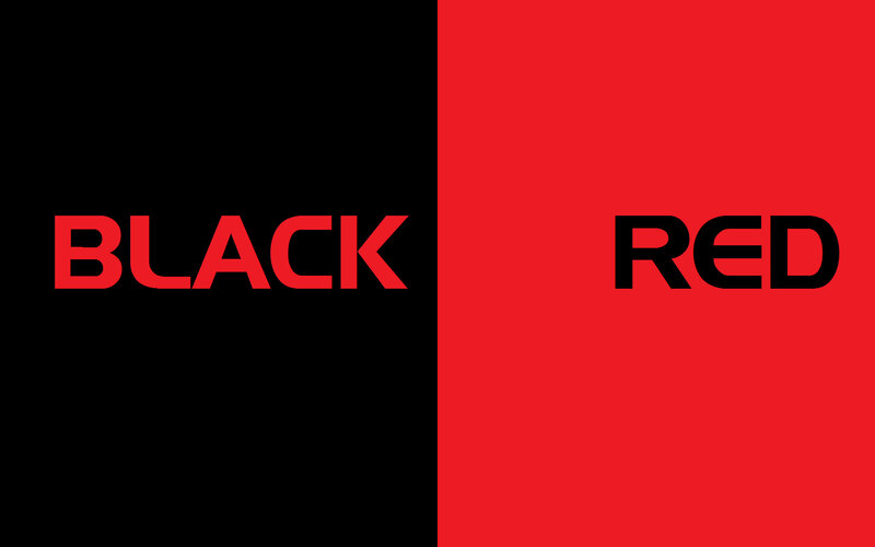 Black and red text on colored backgrounds