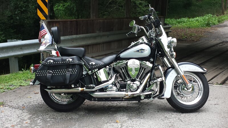 Black and Silver Motorcycle — Calm, Afternoon, Photograph, American Flag