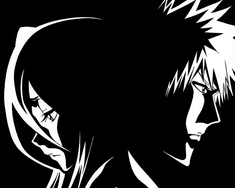 black and white anime character silhouettes