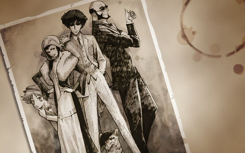 black and white anime group portrait