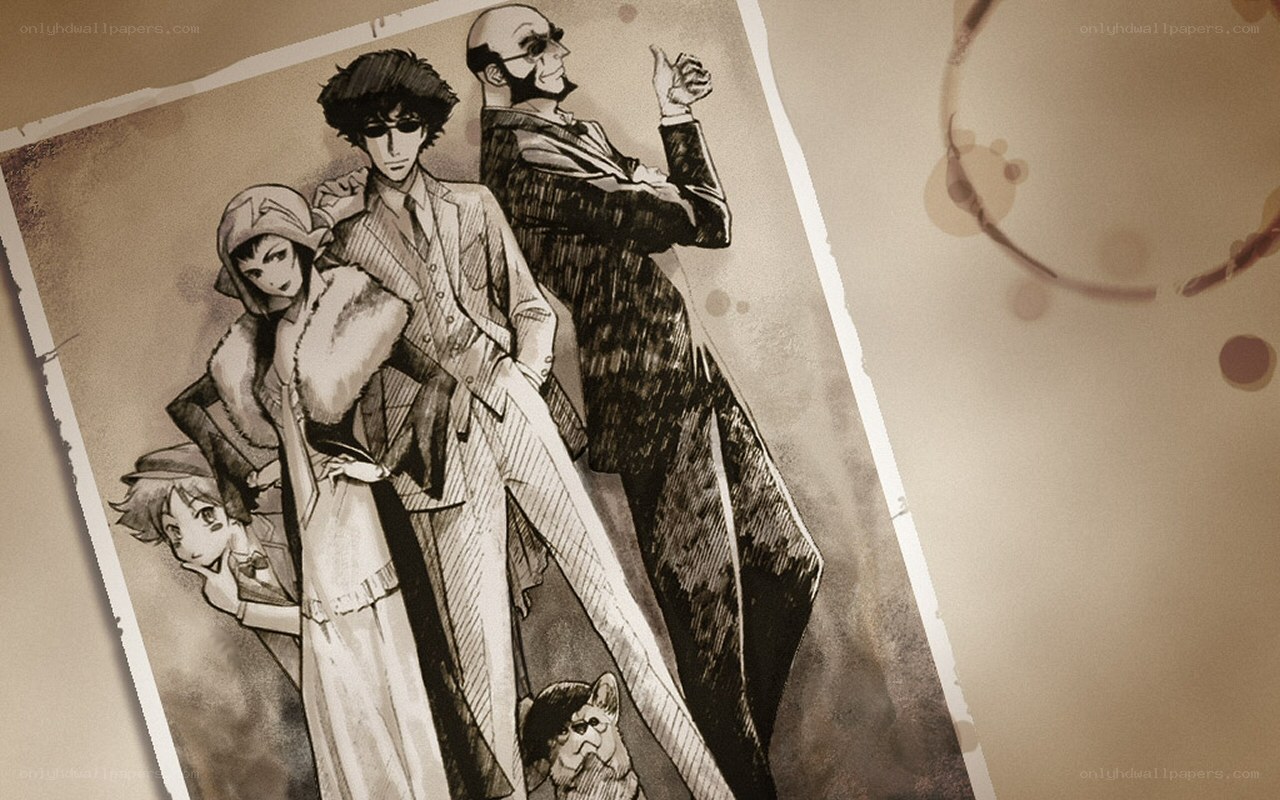 black and white anime group portrait