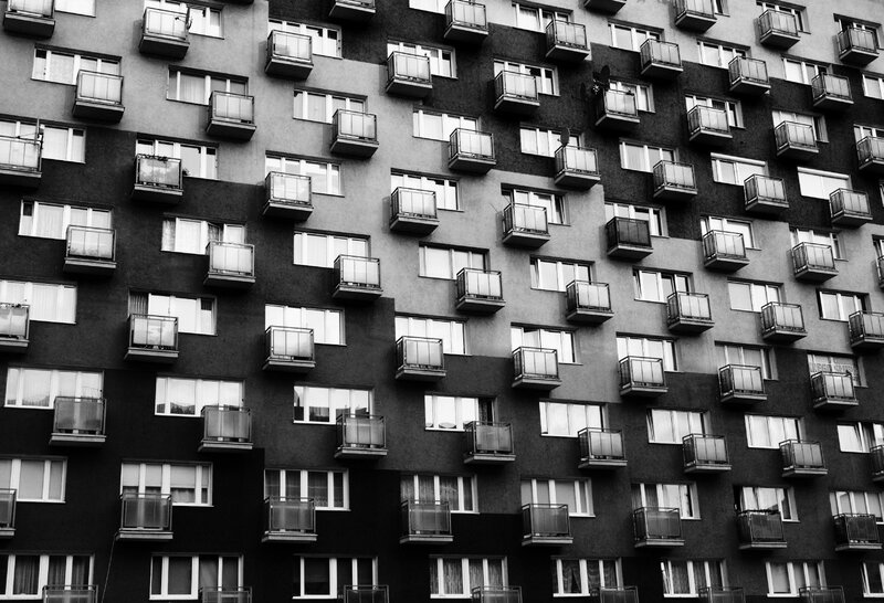 black and white apartment building