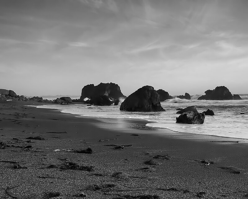Black and white beach scene