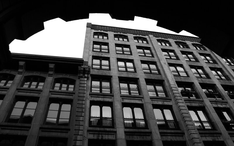 black and white building facade