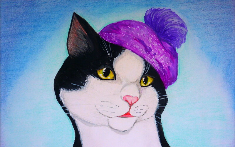 Black and White Cat — Blue, Calm, Illustration, Purple Hat