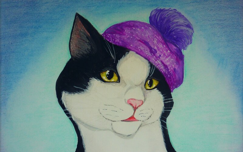 Black and White Cat — Blue, Calm, Illustration, Purple Hat, Yellow Eyes