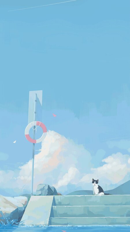 Black and White Cat — Blue, Serene, Afternoon, Digital Art, Life Preserver