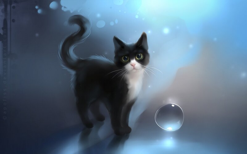 Black and White Cat — Blue, Serene, Digital Art, Bubble, Light
