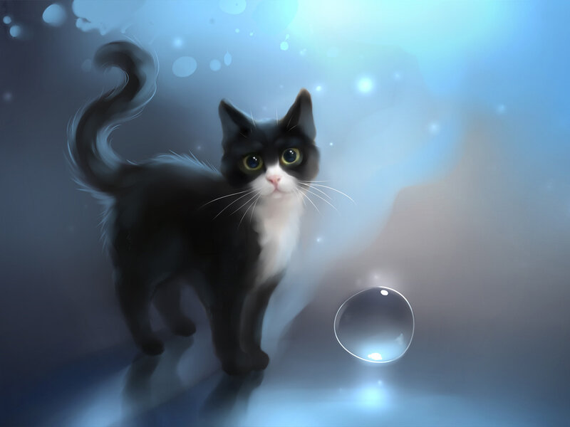 Black and White Cat — Blue, Serene, Digital Art, Bubble