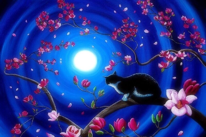 Black and White Cat — Blue, Serene, Night, Painting