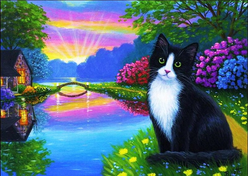 Black and White Cat — Blue, Serene, Sunset, Painting