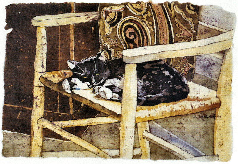 Black and White Cat — Brown, Calm, Illustration