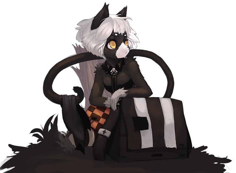 black and white cat girl with bag