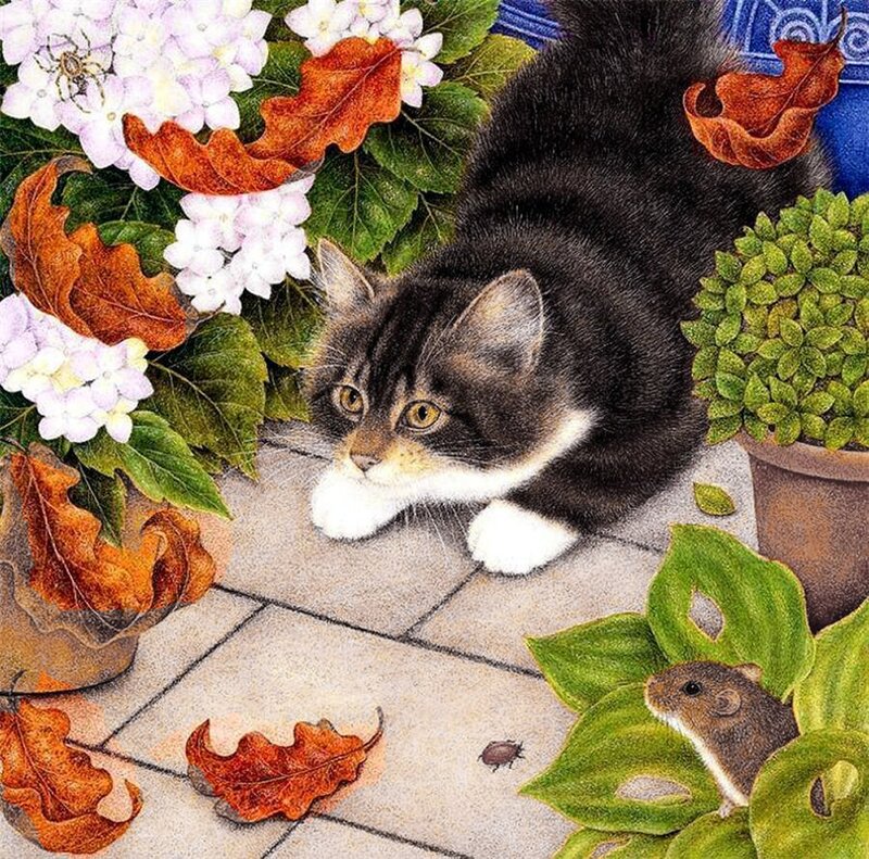 Black and White Cat — Green, Calm, Autumn, Illustration