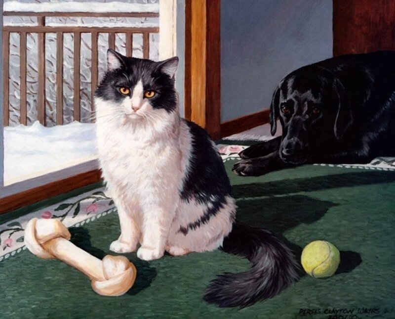 Black and White Cat — Green, Calm, Winter, Painting