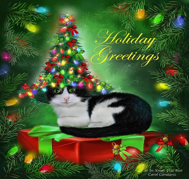 Black and White Cat — Green, Festive, Winter, Digital Art