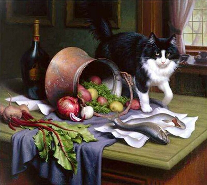 Black and White Cat — Green, Still Life, Afternoon