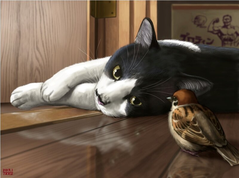 Black and White Cat with Bird
