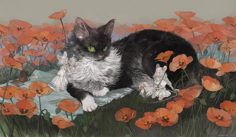 Black and White Cat with Mice