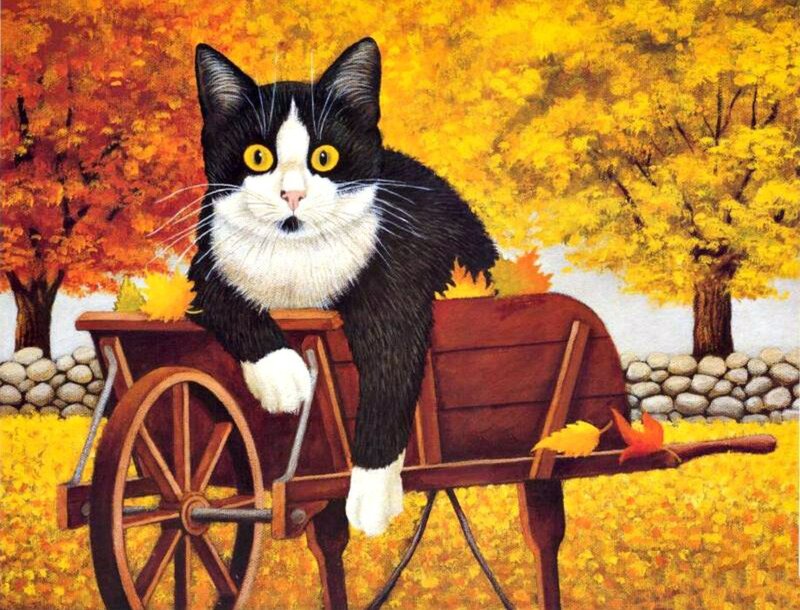 Black and White Cat — Yellow, Calm, Autumn, Painting