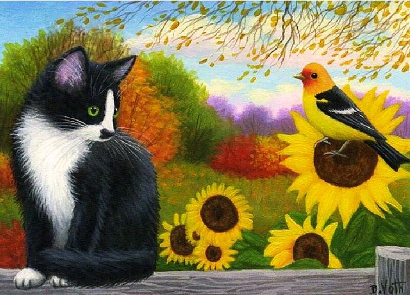 Black and White Cat — Yellow, Serene, Autumn, Painting