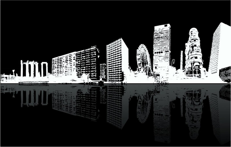 black and white city skyline