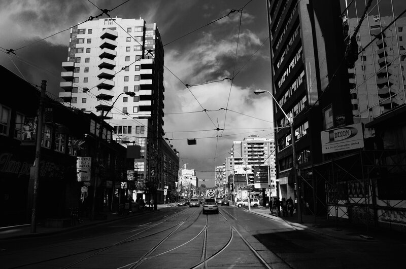 Black and white city street scene