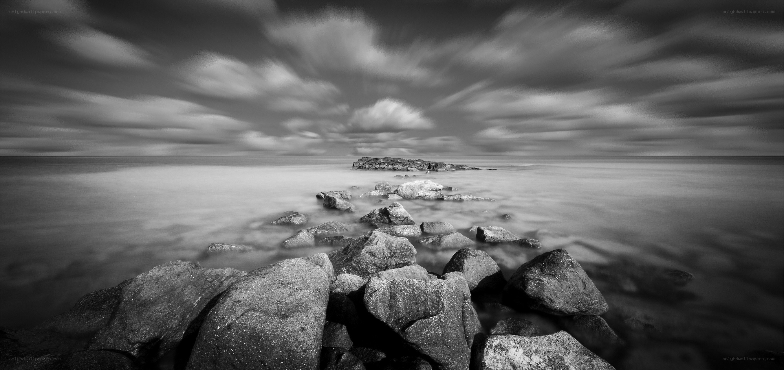Black and white coastal landscape