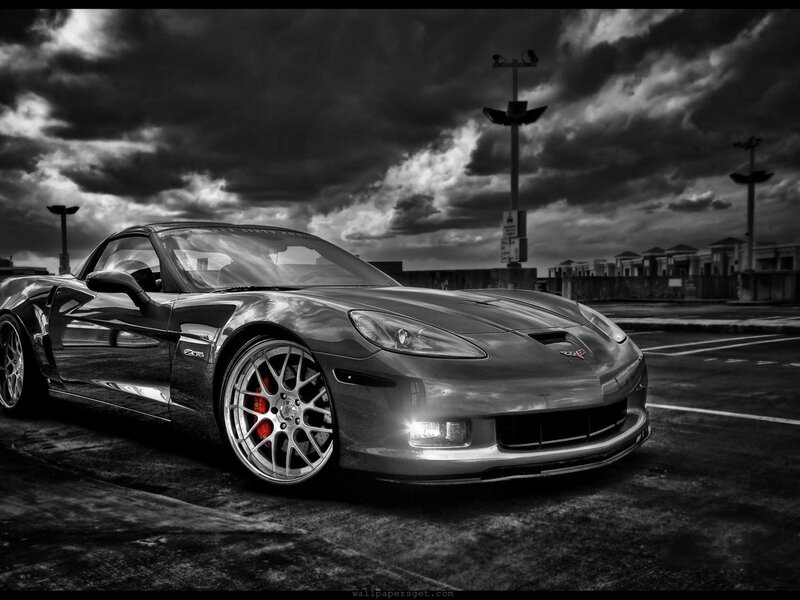 Black and white Corvette on a stormy day