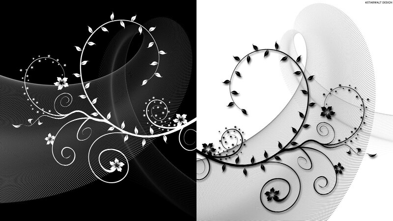 black and white floral swirls