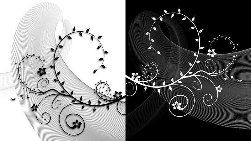 black and white floral swirls