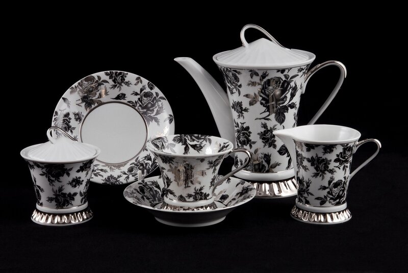black and white floral tea set