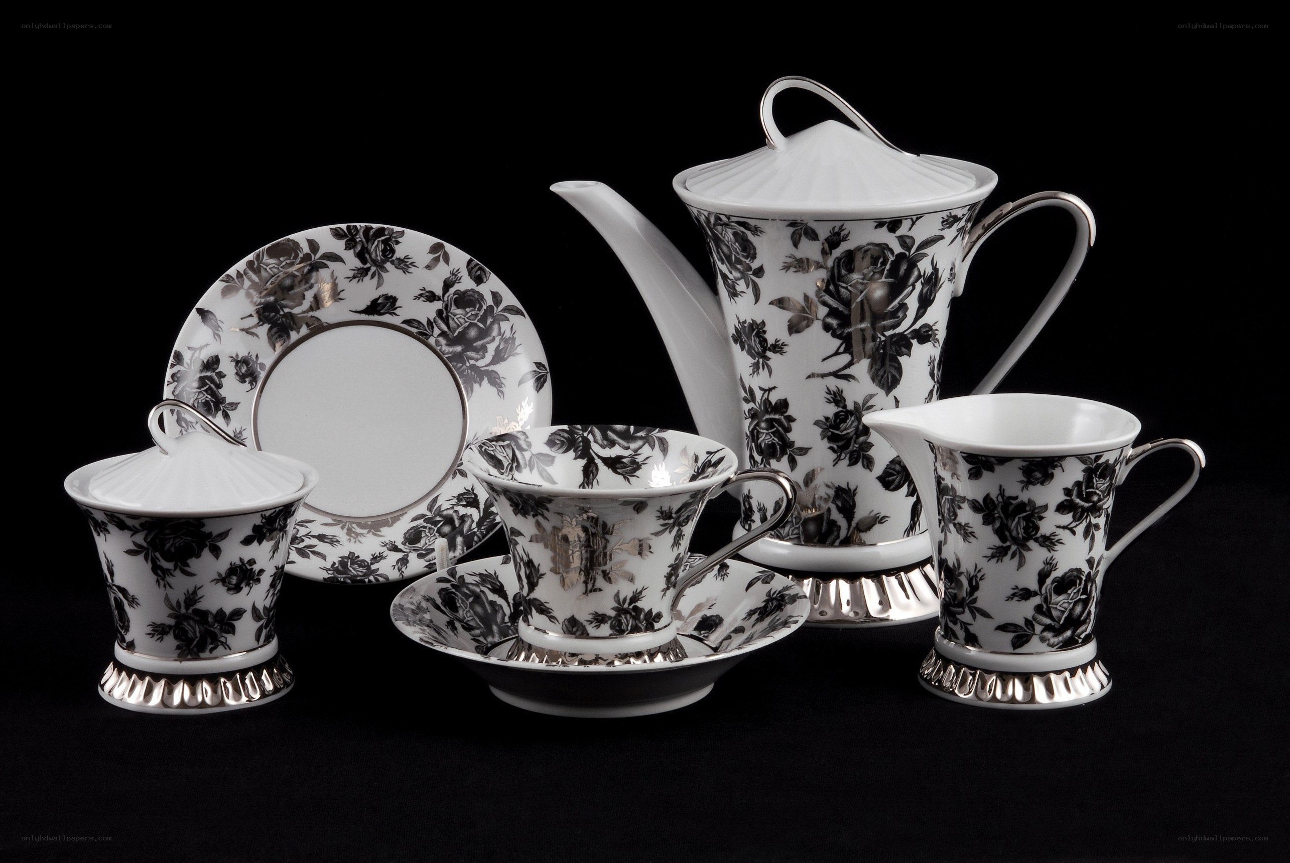 black and white floral tea set